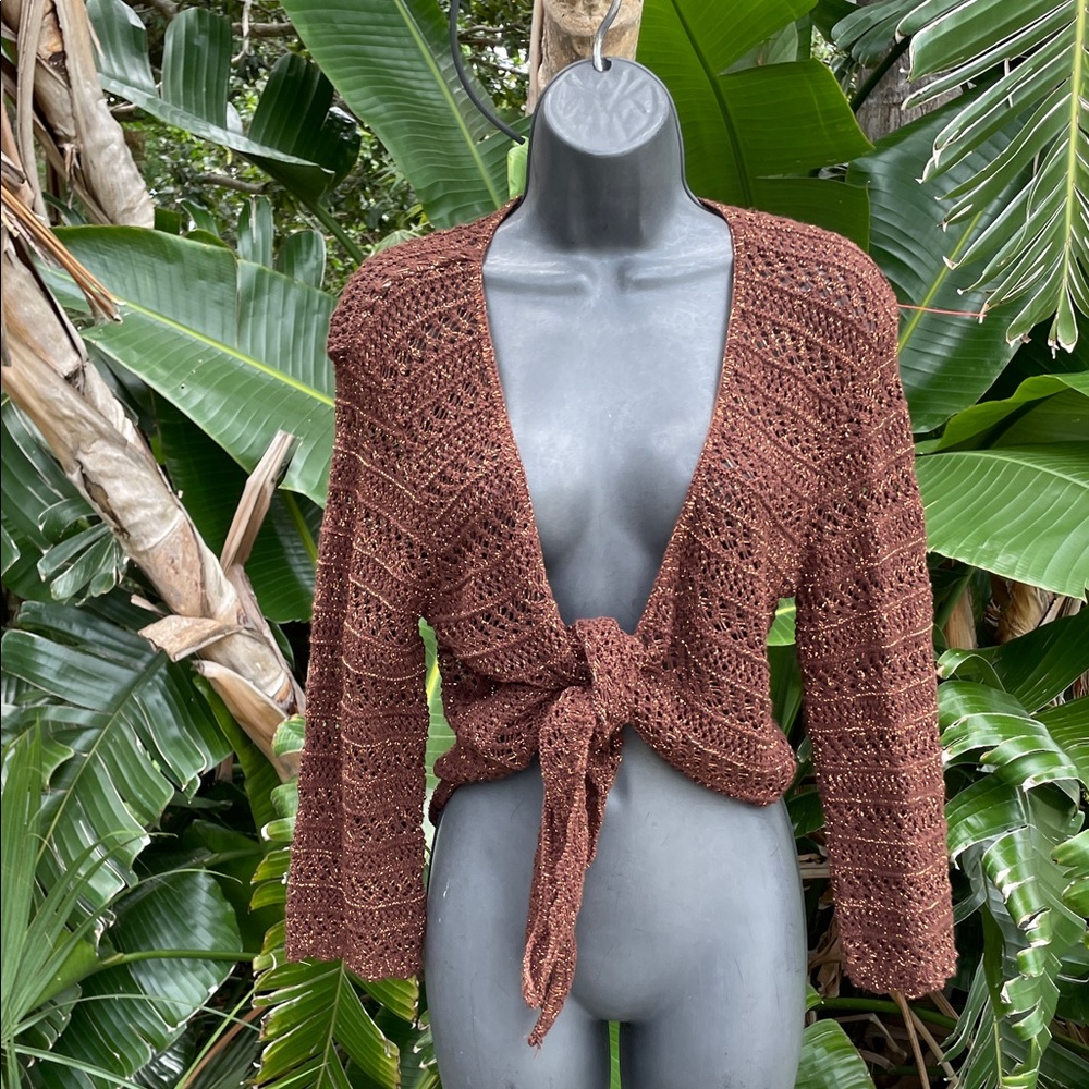 Crochet tie front top with copper accent